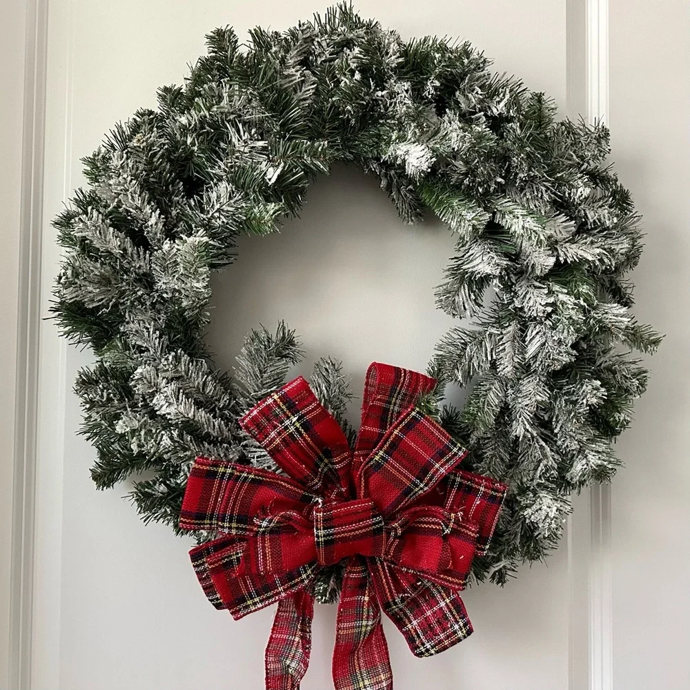 Holiday Christmas Snow Flocked Wreath With Tartan Red Plaid Bow
